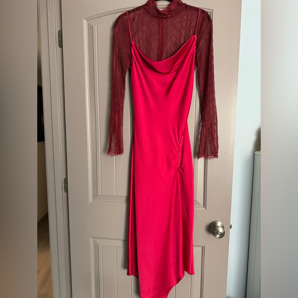 Jonathan Simkhai Hot Pink Asymmetrical Slip Dress with Burgundy Lace Overlay